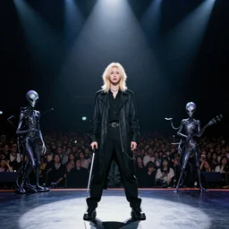 waifish androgynous person with mid length blond hair on stage in front of an audience alien instruments zeiss lens masterpiece stage lighting photograph by torbjorn rodland high contrast rule of thirds 8 k