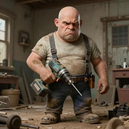 grumpy chunky bald handyman, mechanical powerdrill! hands, dusty old home, full body, hyperrealistic absurdist digital art masterpiece, highly detailed neo pop surrealism, jason limon kay sage hannah yata, dramatic lighting, low angle, uhd 8 k, sharp focus