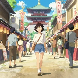 girl in streetwear walking in a japanese summer festival, epic perspective, illustration concept art anime key visual trending pixiv fanbox by wlop and greg rutkowski and makoto shinkai and studio ghibli