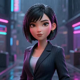 path tracing, cartoon women portrait made out of rain, pinstripe suit, short hair, cyberpunk background, rendered in octane, unreal engine, highly detailed, trending on artstation, realistic, neon, beautiful