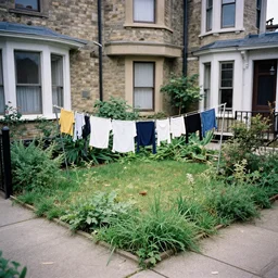a photograph of courtyard garden, weeds are in the corners and cracks, there is a washing line in the middle filled with clothes, 1 5 mm photograph, victorian terrace