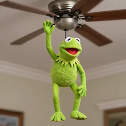 kermit meme kermit the frog puppet hanging by his arm from a ceiling fan, highly detailed, photo realism, textured puppet, dslr