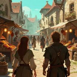close behind the back of two fantasy adventurers, busy market street, fantasy medieval city, extremely crowded, spice shop, royo, greg rutkowski, digital art, cinematic, teal orange color palette