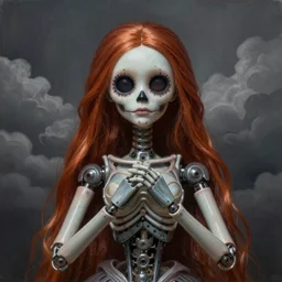 ultra realist and ultra intricate detailed soft painting of a porcelain muerte doll with cyber pincers arms,  thin lustrous long auburn hair, symmetry features, sensual gloomy style, volumetric clouds, cinematic, 8k resolution, photorealistic, digital painting, dark atmosphere, artstation, concept art, sharp focus, fantasy background, artstation trending, octane render, unreal engine
