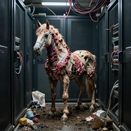 “ugly filthy gross fleshy raw meat insectoid cybernetic mummy horse standing in a filthy dirty small server room filled with garbage and networking cables. David Cronenberg. Body horror style. 35mm.”