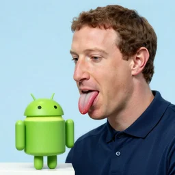 mark zuckerberg putting his tongue on a small android