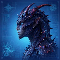 portrait of thorny draconian, in the style of Greg Broadmore and Arthur Rackham,trending on artstation, light lighting side view,digital art,surrealism ,macro,blueprint ,vaporwave ,