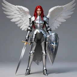 Female Knight, DND, D&D, Silver armor, shining, bright red hair, straight hair, sword and shield, ornamental, symmetry, angel-themed, tall, alluring, full body picture, extremely detailed, detailed face, golden eyes, epic, high fantasy, matte painting, trending on artstation, artstationHD, artstationHQ, cgsociety, octane, HD 16K