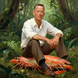 Tom Hanks as forrest gump sitting on a giant shrimp in the jungle, realistic digital painting, in the style of Aleksi Briclot, photoreailstic, realistic face, amazing detail, sharp