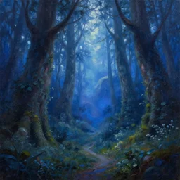 oil painting of fantasy magic forest, by greg rutkowski, 4 k, high detail, blue