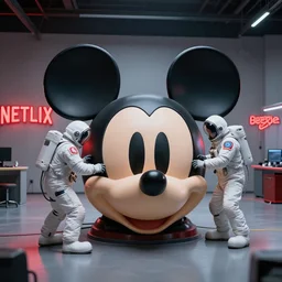 stressed futuristic car mechanics wearing astronaut helmets, operating on a huge mickey mouse doll head in the center of the room! red netflix neon office sign in background, beeple!!, minimal, movie still in in private car garage, dystopian