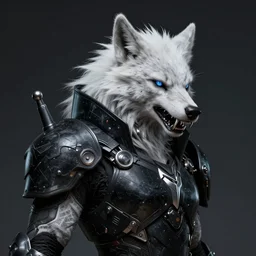 masterpiece!! portrait of a cyberpunk werewolf warrior with white fur and silver fangs wearing black power armor by greg rutkowski