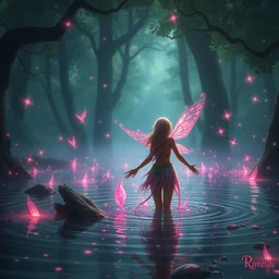 forest nymph rising from the water. fantasy rpg concept art. pink pixie dust, enchanted fireflies, starlight, and enchanted dreams. view from behind, wide angle view, back view. digital art. trending on artstation.
