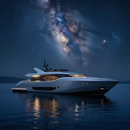 a futuristic yacht sitting on a placid water at night with the milky way above, sleek, aerodynamic, cabin lights, reflections, oil painting