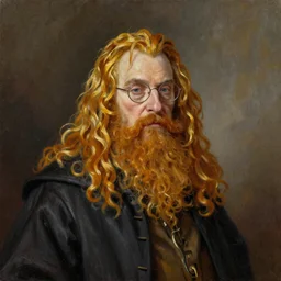 A portrait of Alan Rickman depicted as Albus Dumbledore, oil painting