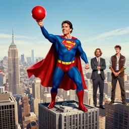 Adorable Portrait tom cruise wearing a superman costume whilst hurling a red orb standing atop a skyscraper simon stalenhag greg rutkowski andrew wyeth niel welliver peter doig robert rauschenberg mark ryden