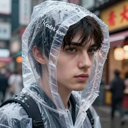 Kodak Portra 400, 8K, highly detailed, wachowski seinen manga 3/4 extreme closeup portrait, eye contact, focus on clear transparent raincoat male model, tilt shift zaha hadid style anime background: famous blade runner anime remake, tokyo izakaya scene
