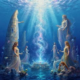 a photorealistic detailed image of a beautiful vibrant iridescent seascape of atlantis, spiritual science, divinity, utopian, by david a. hardy, hana yata, kinkade, lisa frank,
