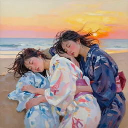 portrait of beautiful asian girls sleeping in the wind on the beach durring sunset in wet kimonos, acrylic abstract paint