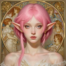 portrait of pink short haired half elf,, intricate, elegant, highly detailed, digital painting, artstation, concept art, smooth, sharp focus, illustration, art by artgerm and greg rutkowski and alphonse mucha and uang guangjian and gil elvgren and sachin teng and wlop, symmetry