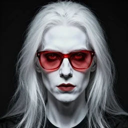 man with white skin, white hair, wearing red tainted glasses, horror, art by David Romero
