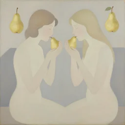 abstract figurative art, style, lovers eat, julia pott style, pears, dreamy, muted, pastel colors
