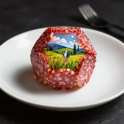 Octahedron made of salami on a dinner plate, Michelin Star presentation