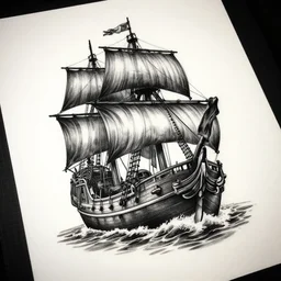 A tattoo design on paper of a pirate ship, on paper, black and white, highly detailed tattoo, realistic tattoo, realism tattoo, beautiful shades