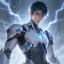 portrait of handsome guy in cyber armor, dreamy and ethereal, expressive pose, bule eyes, exciting expression, fantasy, intricate, elegant, many lightning, cold color, highly detailed, digital painting, artstation, concept art, cyberpunk wearing, smooth, sharp focus, led, illustration.