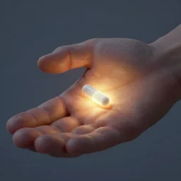 hand holding a glowing pill, realistic, detailed digital art.