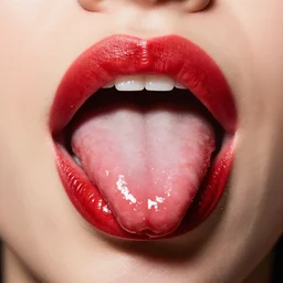 big plump lips with red lipgloss reflecting on the surface. closeup of a devilish long tongue sticking out.