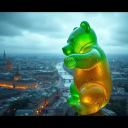 a stunning panoramic photography of budapest, destroyed by a green translucent oversized gummy bear, cinematic shot, by denis villeneuve, ridley scott, highly detailed