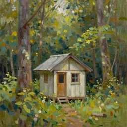 small hut, tiny house, hidden in beautiful forest, oil painting, natural colours