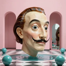 hyperrealistic random objects in a surreal minimalistic dreamscape environment by salvador dali, enormous melting mannequin head statue, highly detailed, 3 d render, vray, octane, beautiful lighting, photorealistic, intricate, elegant, wayne barlowe, water, mirrors, doorway, beautiful, masterpiece, trending on artstation, artgerm, checkered floor, pink archways, teal sphere