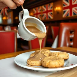 pouring brownish - gray gravy onto a plate of cookies, at a british - themed restaurant