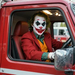 The Joker driving an fire truck,