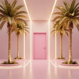thin neon light stripes, scifi indoor liminal space, golden light, greg rutkowski, palm trees, pink door, minimalistic, hyperrealistic surrealism, award winning masterpiece with incredible details, epic stunning, infinity pool mirrors, a surreal vaporwave liminal space with mirrors, highly detailed, trending on artstation, artgerm and greg rutkowski and alphonse mucha, daily deviation