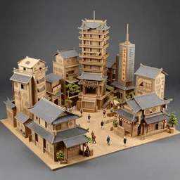 a cardboard diorama of a cyberpunk asian village