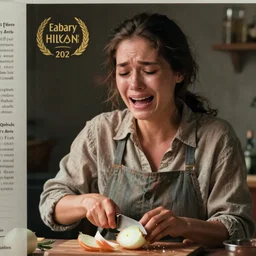 a woman crying because she is chopping onions. cook book image.