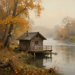 painted by ismail inceoglu, this is a dream. in autumn, it is a picturesque hunter's cabin on the seine river. false beauty, false atmosphere, warm and lonely, mist, atmospheric light, trending on artstation