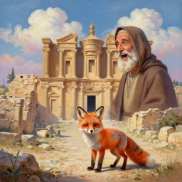 illusion painting hidden image : an adorable small fox in the huge ruins of the second temple in jerusalem. the dreamy clouds above are shaped like the new temple. a hooded bearded old man in a brown tunic laughing, colorful 8 k, art station, intricate superb details, digital art, illusion painting hidden image.