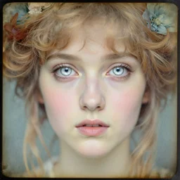 a beautiful young lady with huge bright silver eyes, colored vintage daguerreotype, by gustave moreau, by Mackintosh, art noveau, highly detailed, strong lights, liminal, eerie, Bright pastel colors