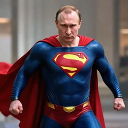 putin as superman, realistic, cinematic, action pose,