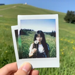 instax mini portrait of a woman holding a dandelion in the berkeley hills