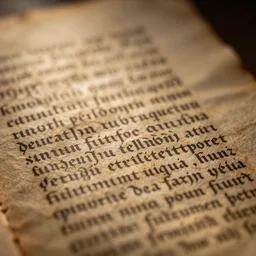 macro photo of ancient pergament with writing, dramatic light, bokeh effect, amazing details, beautiful, intricate details, latin writing