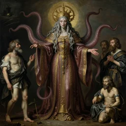 lovecraftian cthulhu high priestess with tentacles and ornate robes portraiture matte painting by peregrino, tintoretto, van dyke, peter paul rubens, jean baptiste greuze, giovanni battista piazzetta, fayum, diego velazquez trending on artstation, highly detailed,