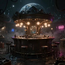 a bar on a distant planet, dark, junk everywhere, wires everywhere, lights, neon signs, magical atmosphere, mist, photo realistic, trending on artstation, ultra realistic, octane render