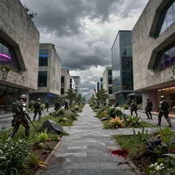 post apocalyptic city park, cloudy, building, avenue, modern contemporary urban americana concrete architecture, paved roads, by thomas kinkade, pascal blanche, greg rutkowski, shaddy safadi, neil blevins trending on artstation, photorealistic, neon ambiance, ultra detailed, high definition, depth of field, wild vegetation, blood stains, crumbling, post - apocalyptic warriors