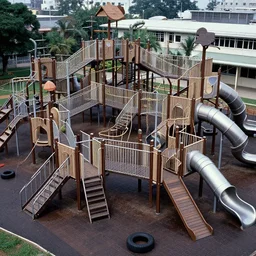 full - color ground - level 1 9 7 0 s photo of a vast incredibly - large complex very - dense tall many - level playground in a crowded schoolyard. the playground is made of dark - brown wooden planks, black rubber tires, silver metal bars, and beige ropes. it has many spiral staircases, high bridges, ramps, balance beams, and silver metal tunnel - slides.