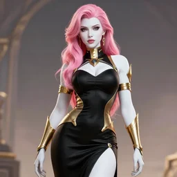 picture of pretty stephanie brown from dc comics, skintight black dress, golden accessories, white skin, pink hair, alluring, high fantasy, dnd, highly detailed, by rossdraws, artgerm, borderlands 3, anime quality